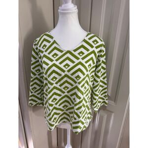 Chicos Women's Green‎ Geometric Print V-Neck 3/4 Sleeve Top Blouse Size 1